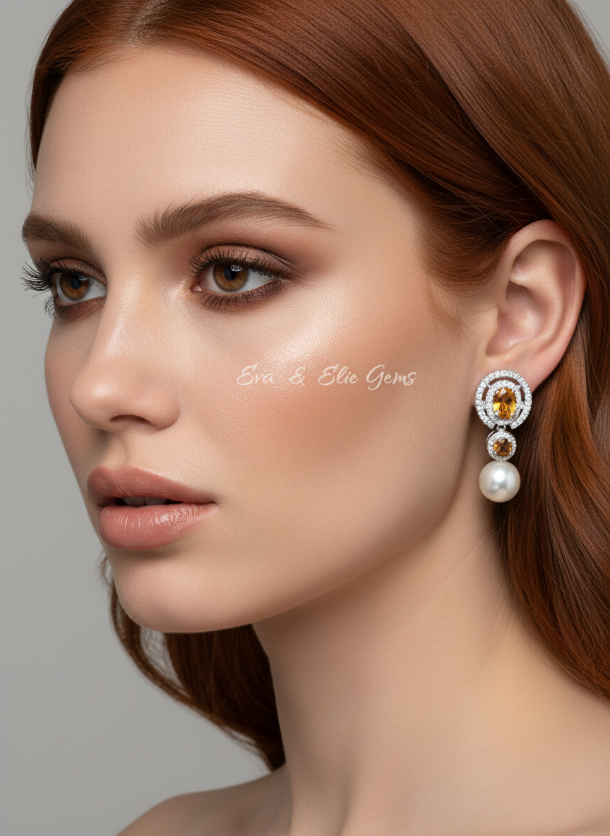 Handmade Citrine and Pearl Drop Earrings