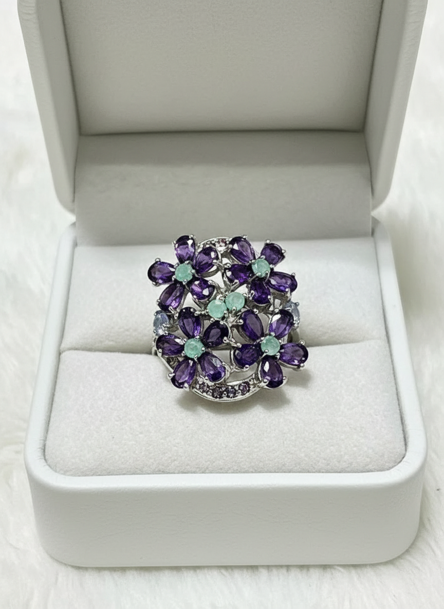 Hand crafted Natural Amethyst and Emerald Ring- Nature collection