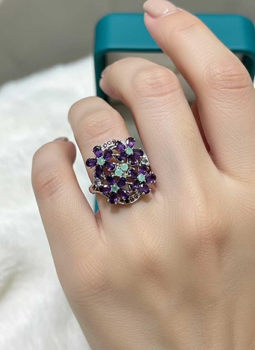 Hand crafted Natural Amethyst and Emerald Ring- Nature collection