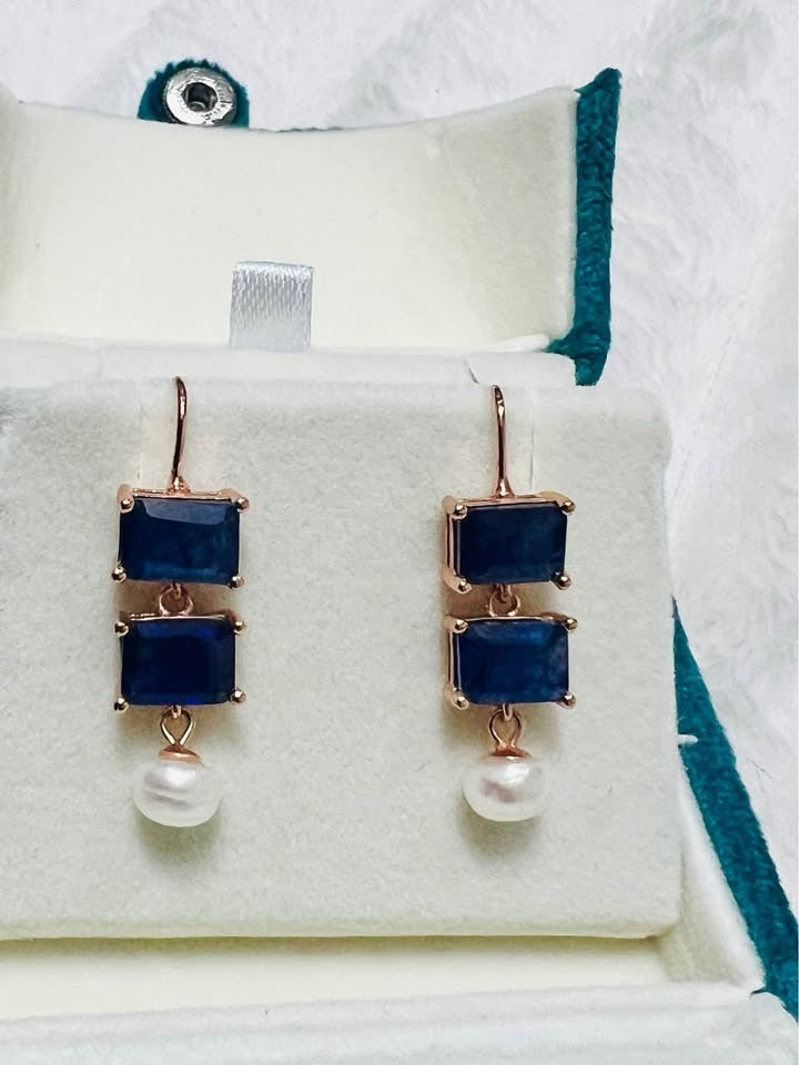 Natural 925S silver earrings with two rectangular blue sapphires and a white pearl dangle.