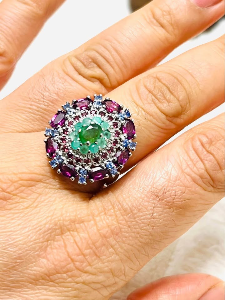 Colombian Emerald & Tanzanite Cocktail Ring - 18k Gold vermeil Statement Ring
