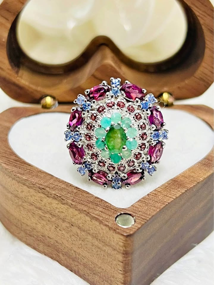 Colombian Emerald & Tanzanite Cocktail Ring - 18k Gold vermeil Statement Ring