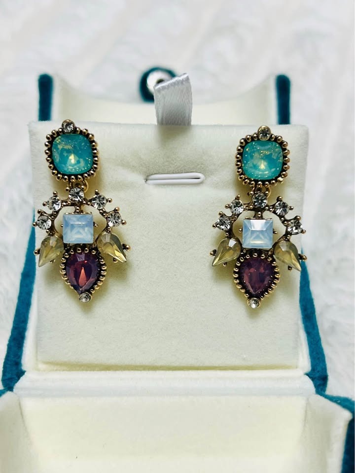 Vintage Multicolor Crystal Mosaic Stud Earrings- Antique Gold