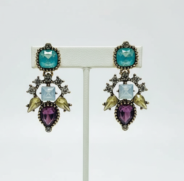 Vintage Multicolor Crystal Mosaic Stud Earrings- Antique Gold