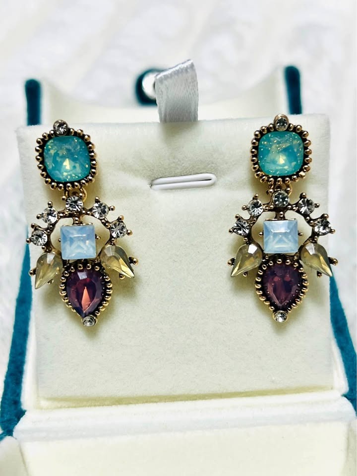 Vintage Multicolor Crystal Mosaic Stud Earrings- Antique Gold