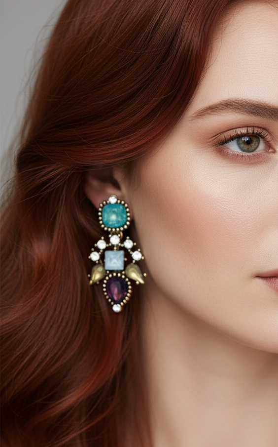 Vintage Multicolor Crystal Mosaic Stud Earrings- Antique Gold