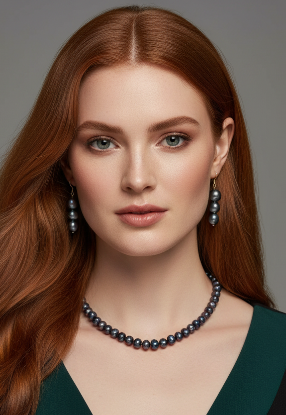 Hand Knotted Natural Tahitian Peacock Black Pearls Necklace & Earrings Set