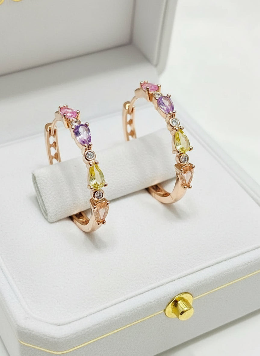  Vibrant 585RG rose gold hoop earrings with natural stacked tourmaline gemstones in various colors.