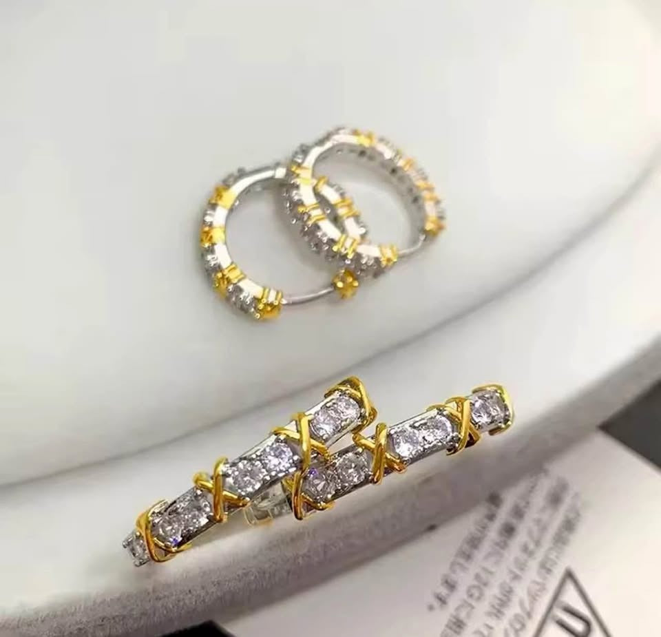 Exquisite XOXO hoop earrings, gold plated silver with sparkling zirconia, unique design.