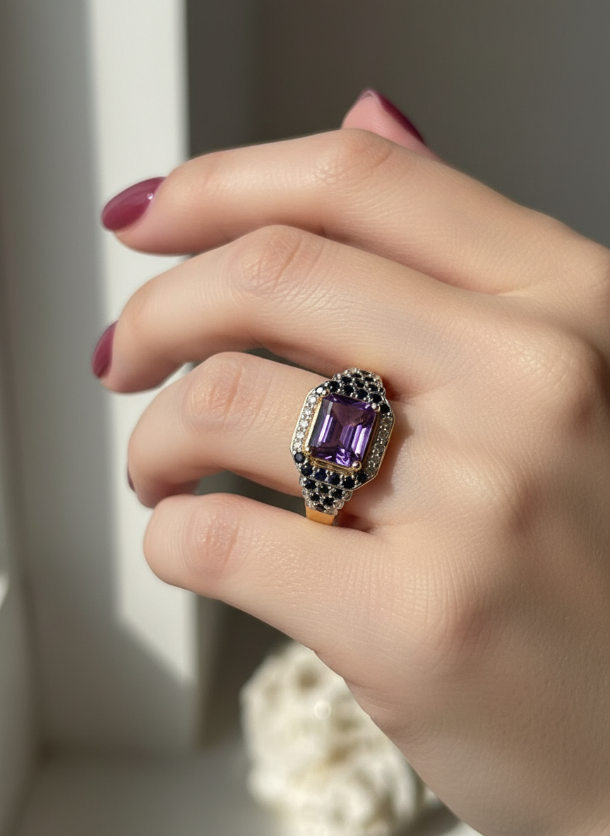 Elegant Amethyst & Natural Sapphire Cushion Halo Ring