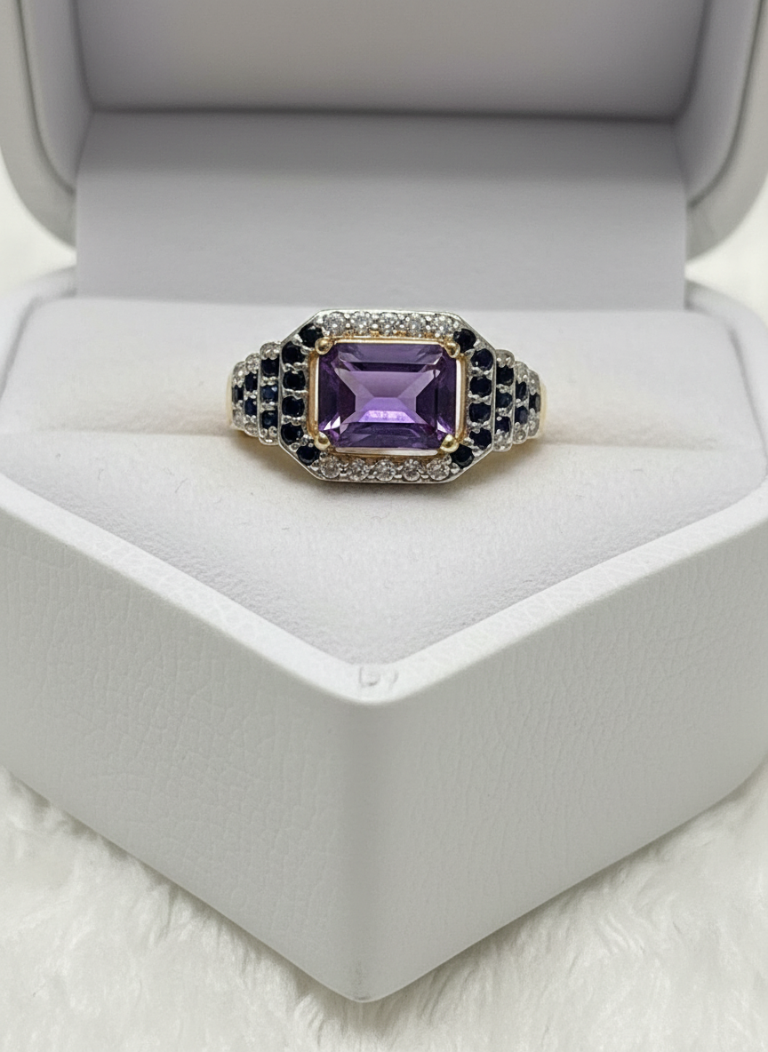 Elegant Purple Amethyst & Natural Sapphire Cushion Halo Ring in Two-Tone