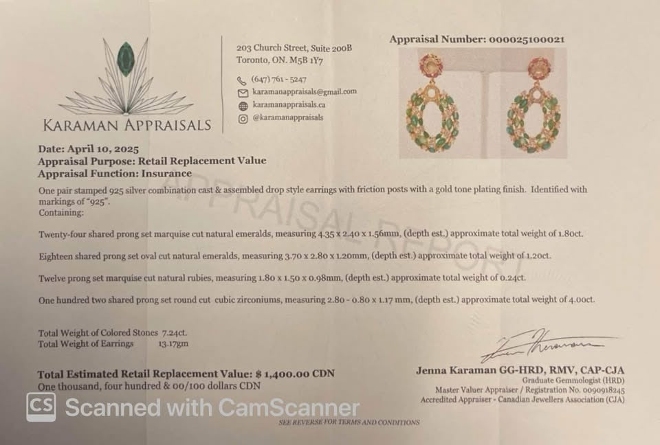  Appraisal document for vintage natural emerald and ruby earrings by Karaman Appraisals.