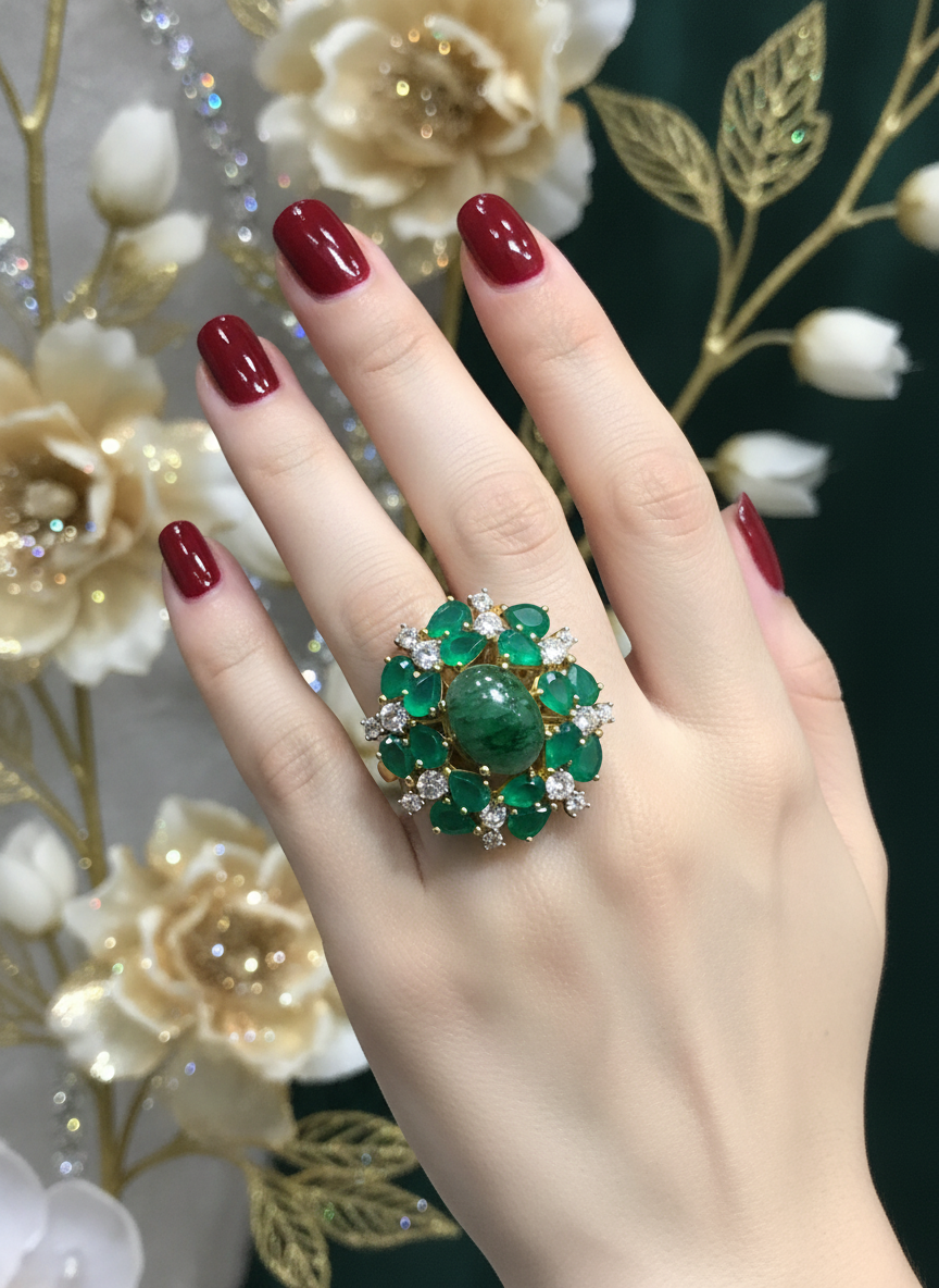 Artisan Sterling Silver Ring with Natural emerald and Agate Halo