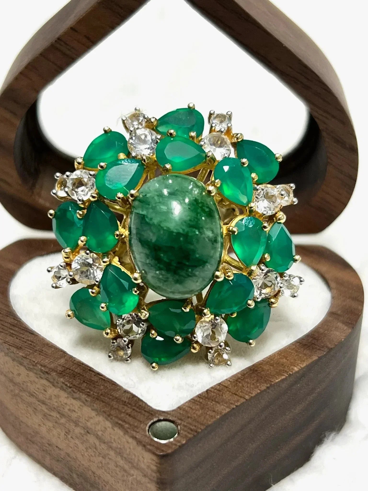 Artisan Sterling Silver Ring with Natural emerald and Agate Halo - Eva & Elie