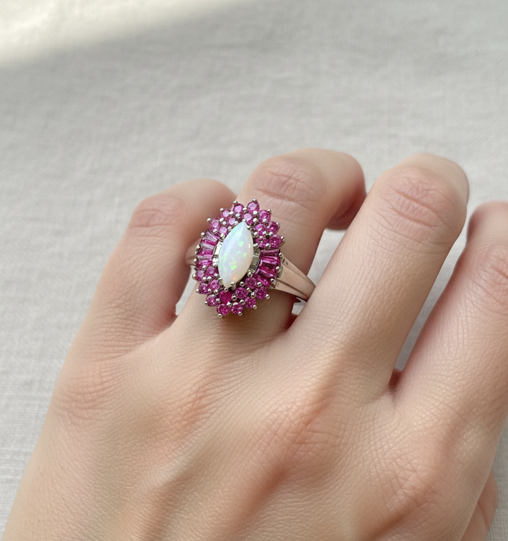 Australian Opal & Pink Sapphire Halo Ring