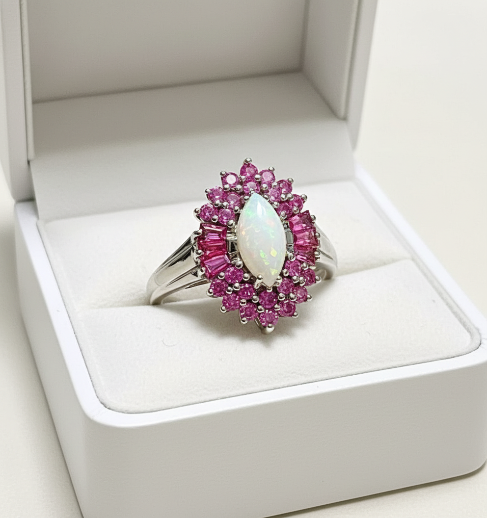 Australian Opal & Pink Sapphire Halo Ring