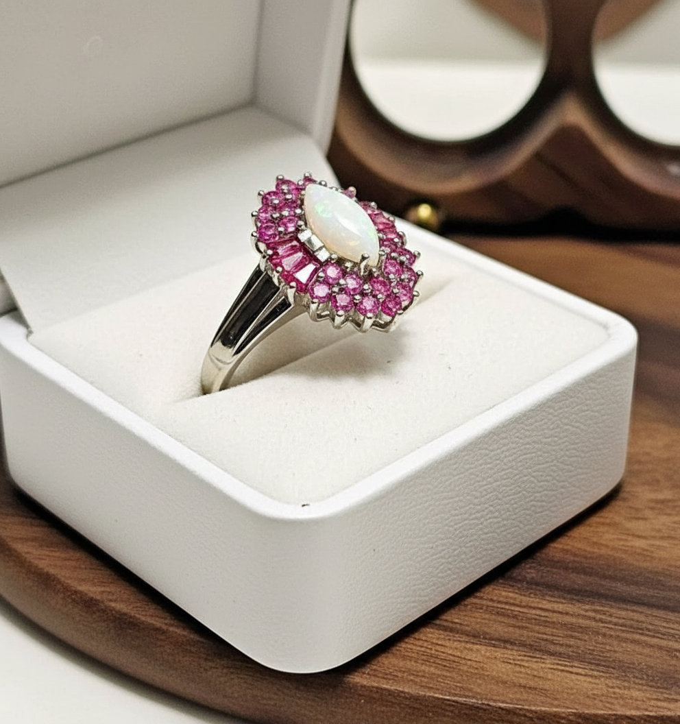 Australian Opal & Pink Sapphire Halo Ring