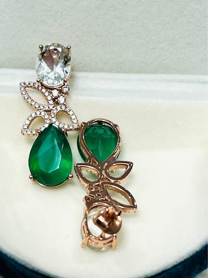 Close-up showing the secure earring post and back of the green amethyst and agate dangle earrings.