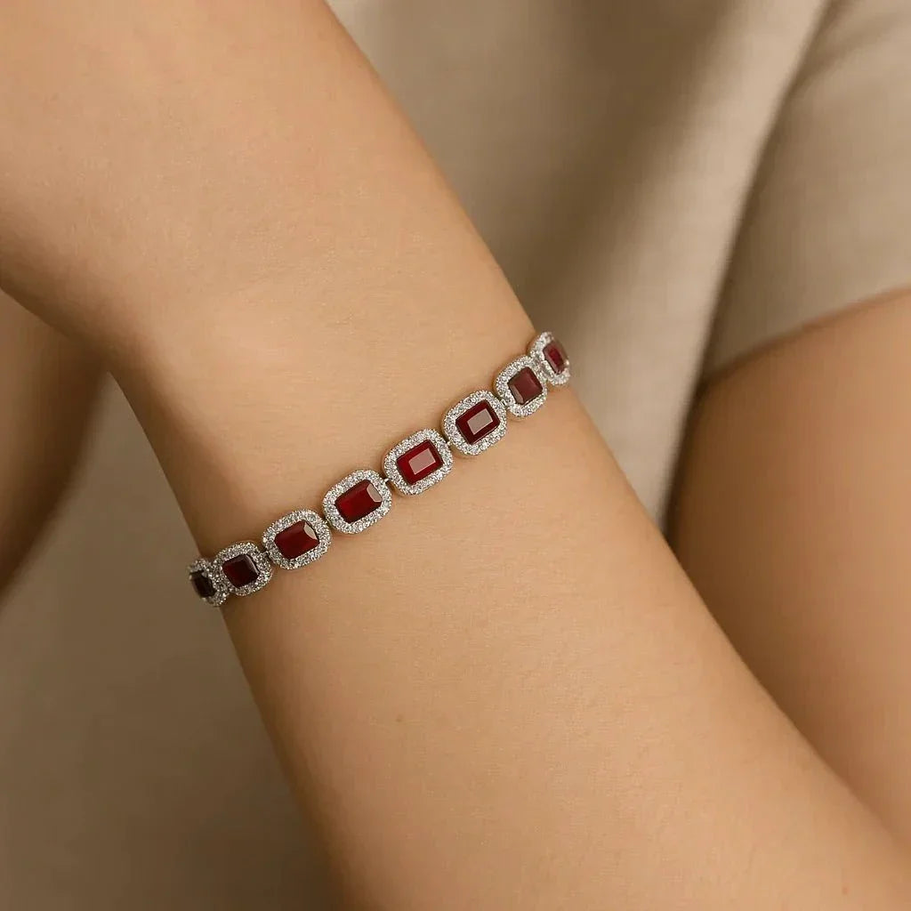 Burmese Ruby & Topaz Bracelet in Platinum on Silver, 7.5–9" - Eva & Elie