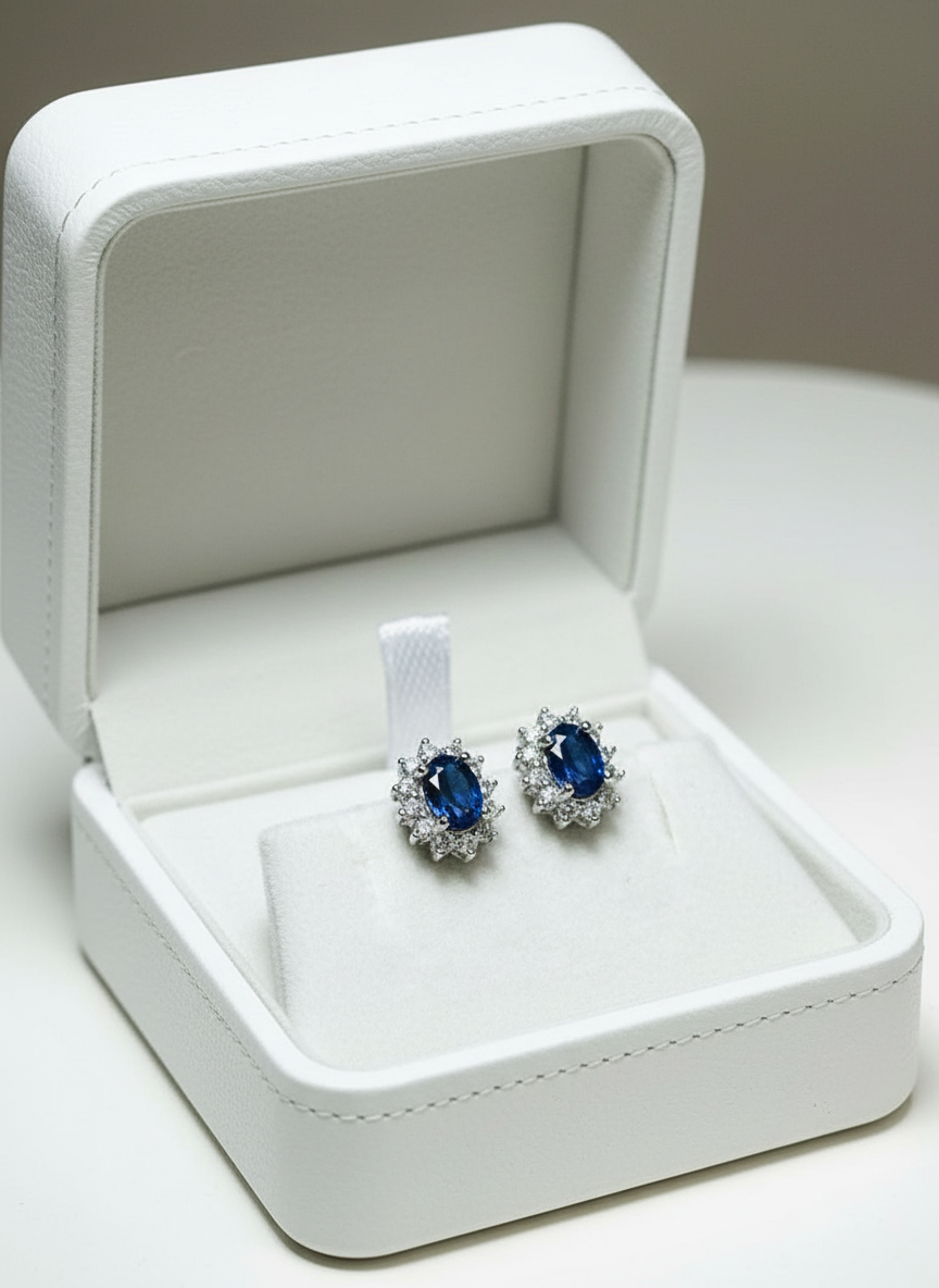 Natural Sapphires Halo Stud Earrings- Sterling Silver