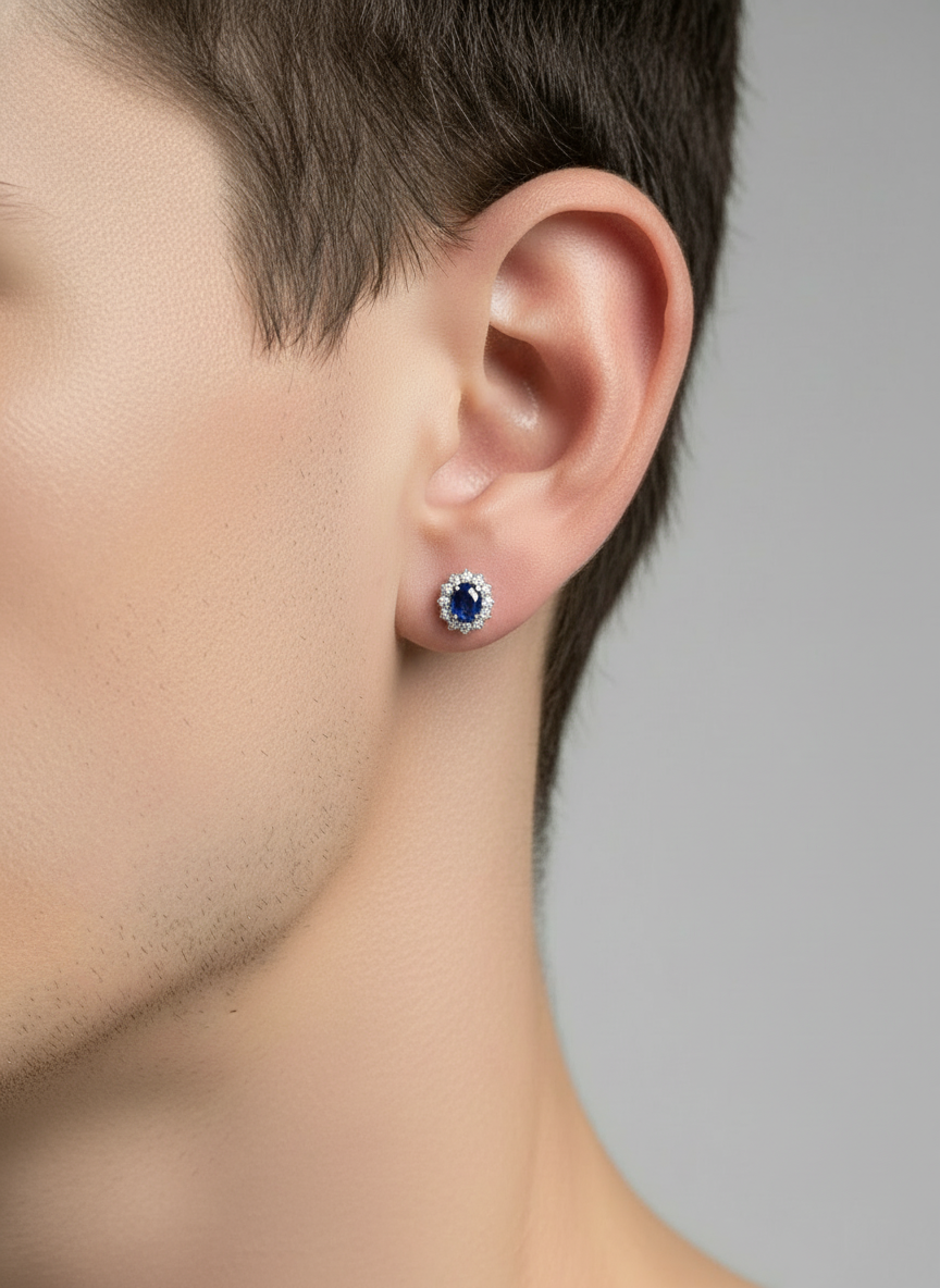 Natural Sapphires Halo Stud Earrings- Sterling Silver