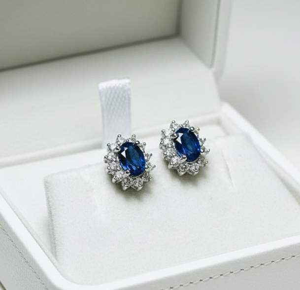 Natural Sapphires Halo Stud Earrings- Sterling Silver
