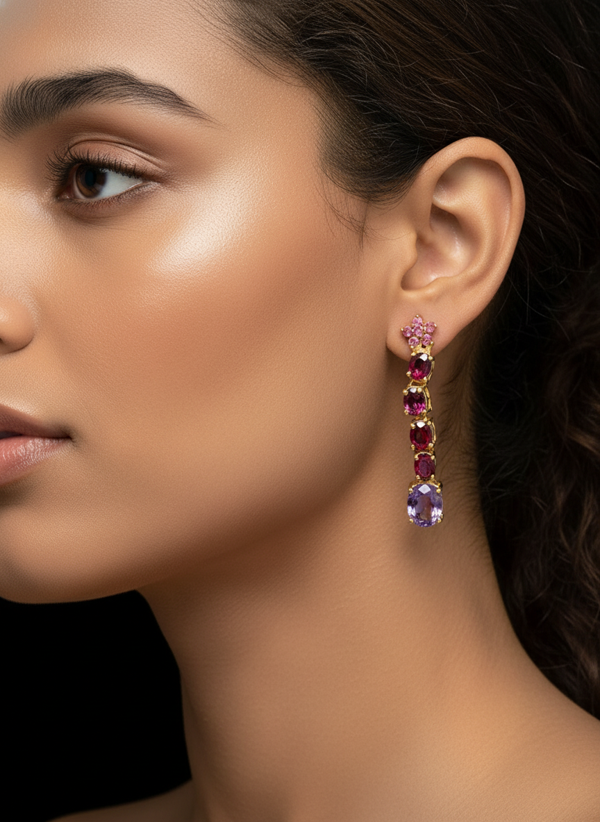 Designer Amethyst,Rhodolite Garnet and Ruby earrings