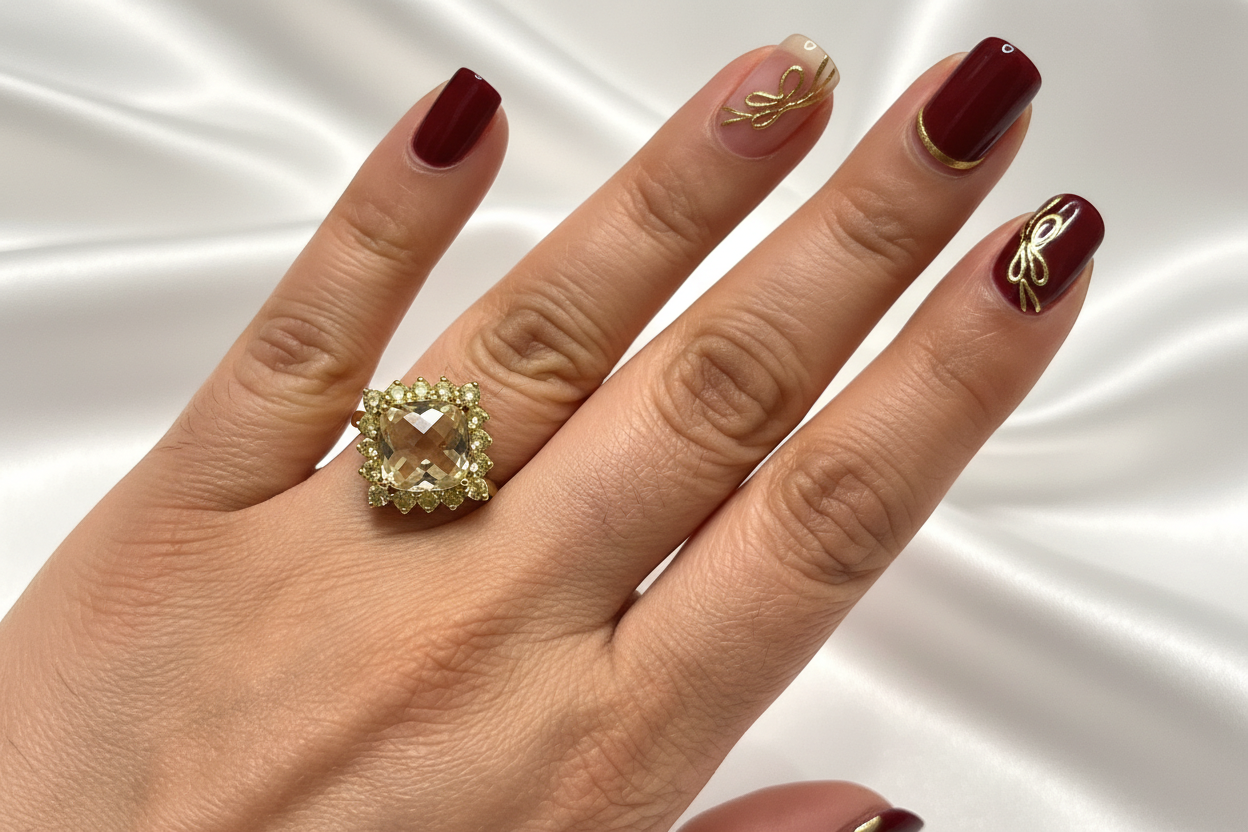 Edited ring image with dark red and gold nails on white silk
