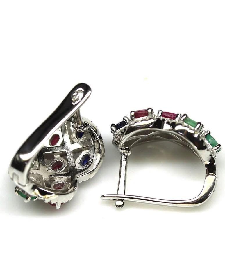 Back view of 18K white gold vermeil Edwardian earrings with natural emerald, ruby, sapphire.