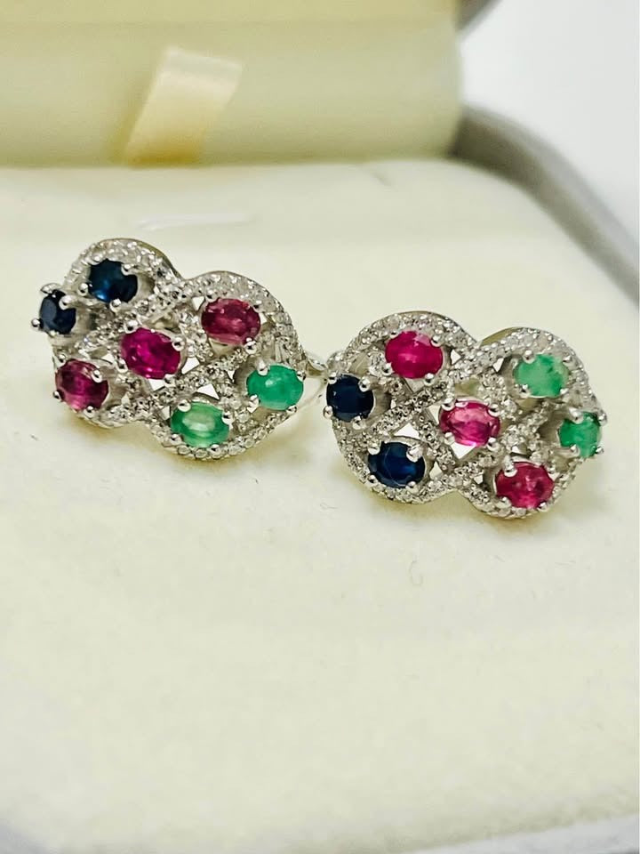 Edwardian style 18K white gold vermeil earrings with natural emeralds, rubies, and sapphires.