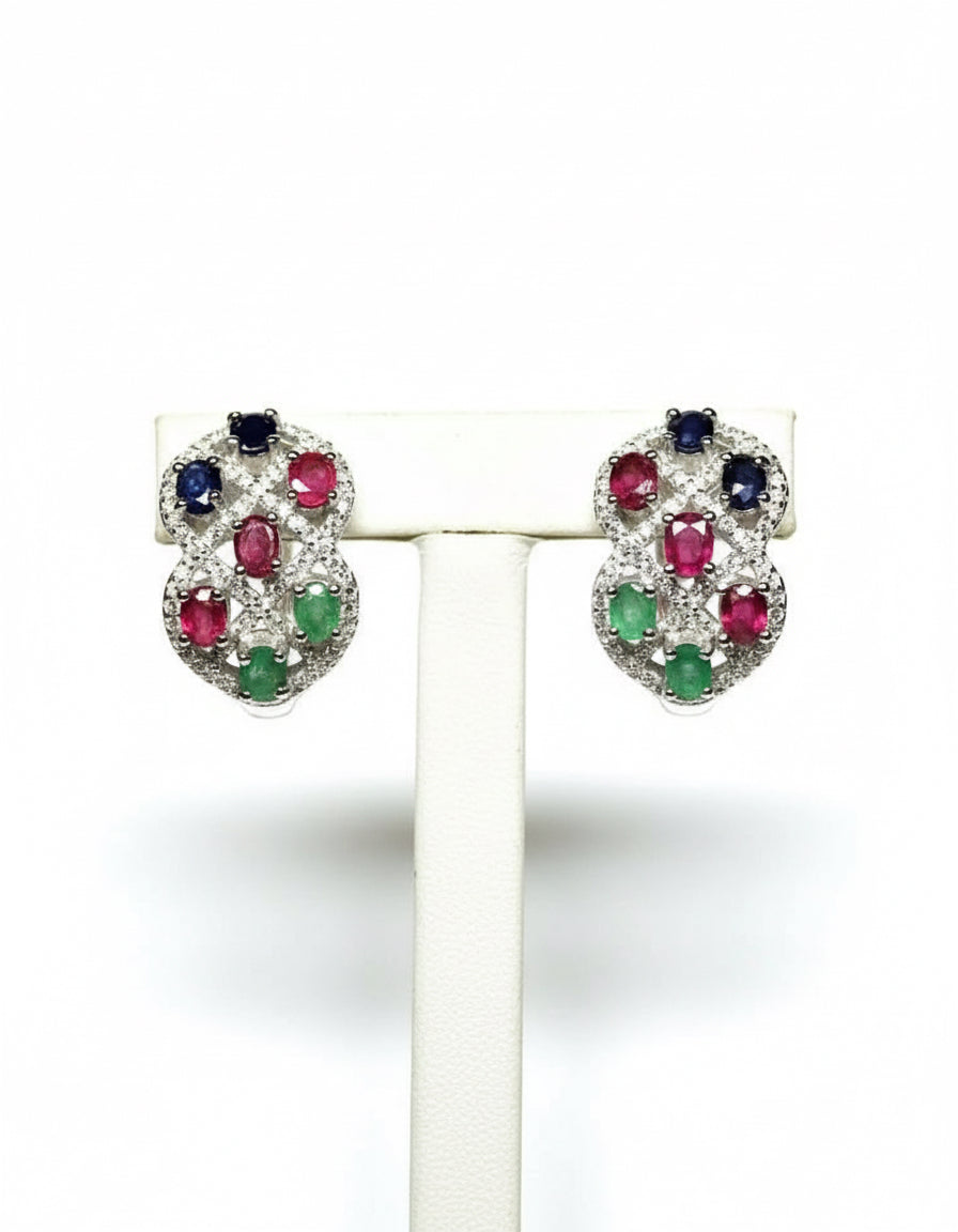 Pair of exquisite Edwardian style 18K white gold vermeil earrings with emeralds, rubies, sapphires.