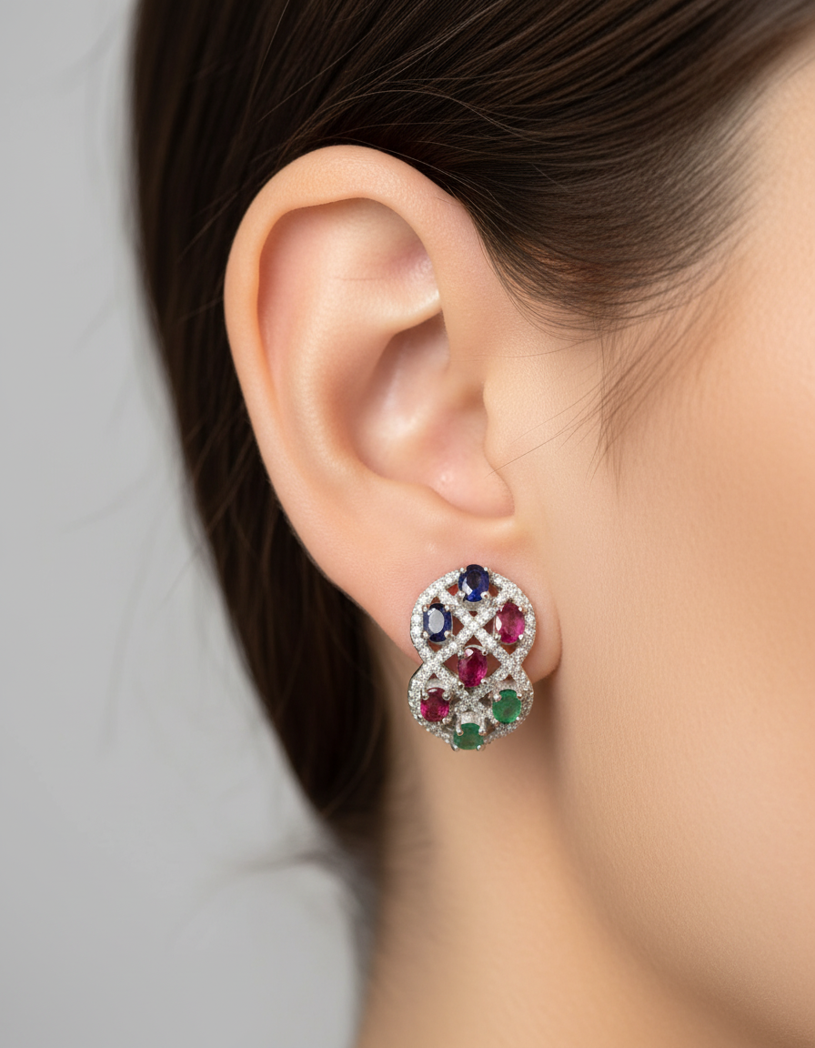 Handmade Emerald Ruby & Sapphire Earrings~ Edwardian Style
