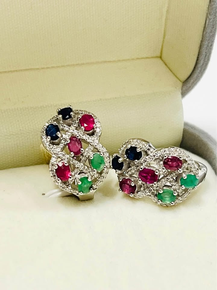 Beautiful Edwardian style white gold vermeil earrings with emeralds, rubies, and sapphires in box.