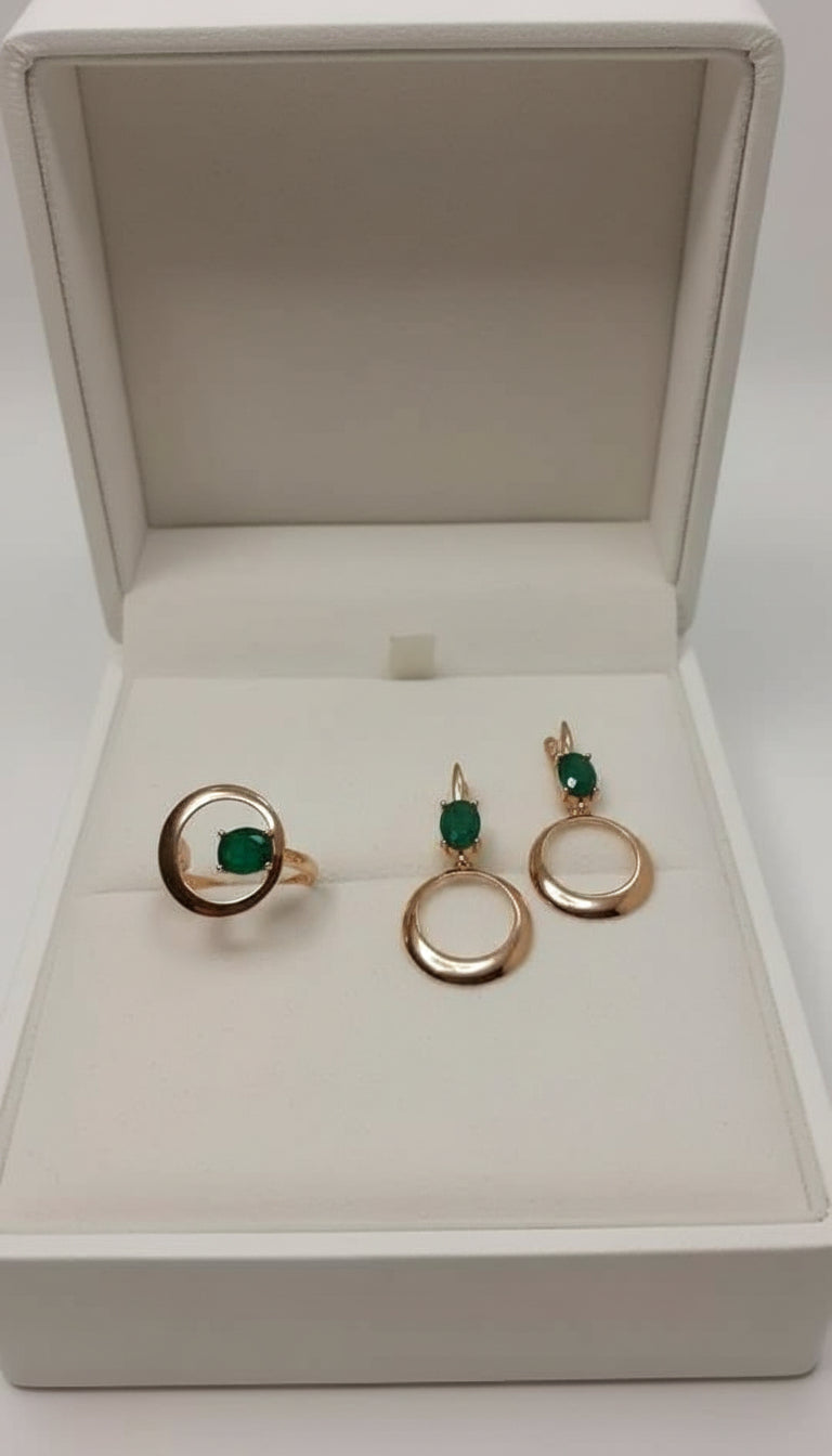 Elegant 14k gold vermeil jewelry set featuring emerald earrings and a matching ring.