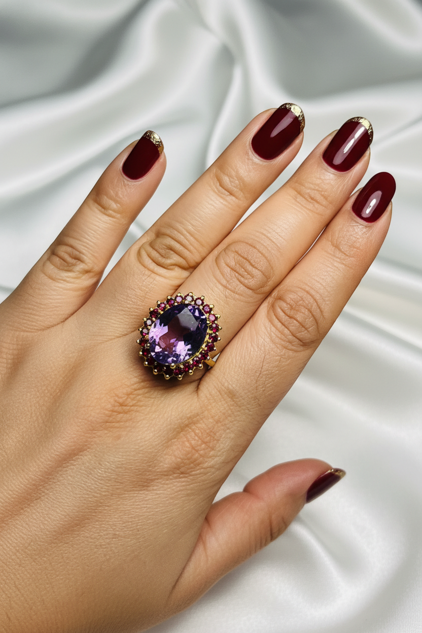 Elegant hand with purple amethyst ring and dark red nails with gold trim