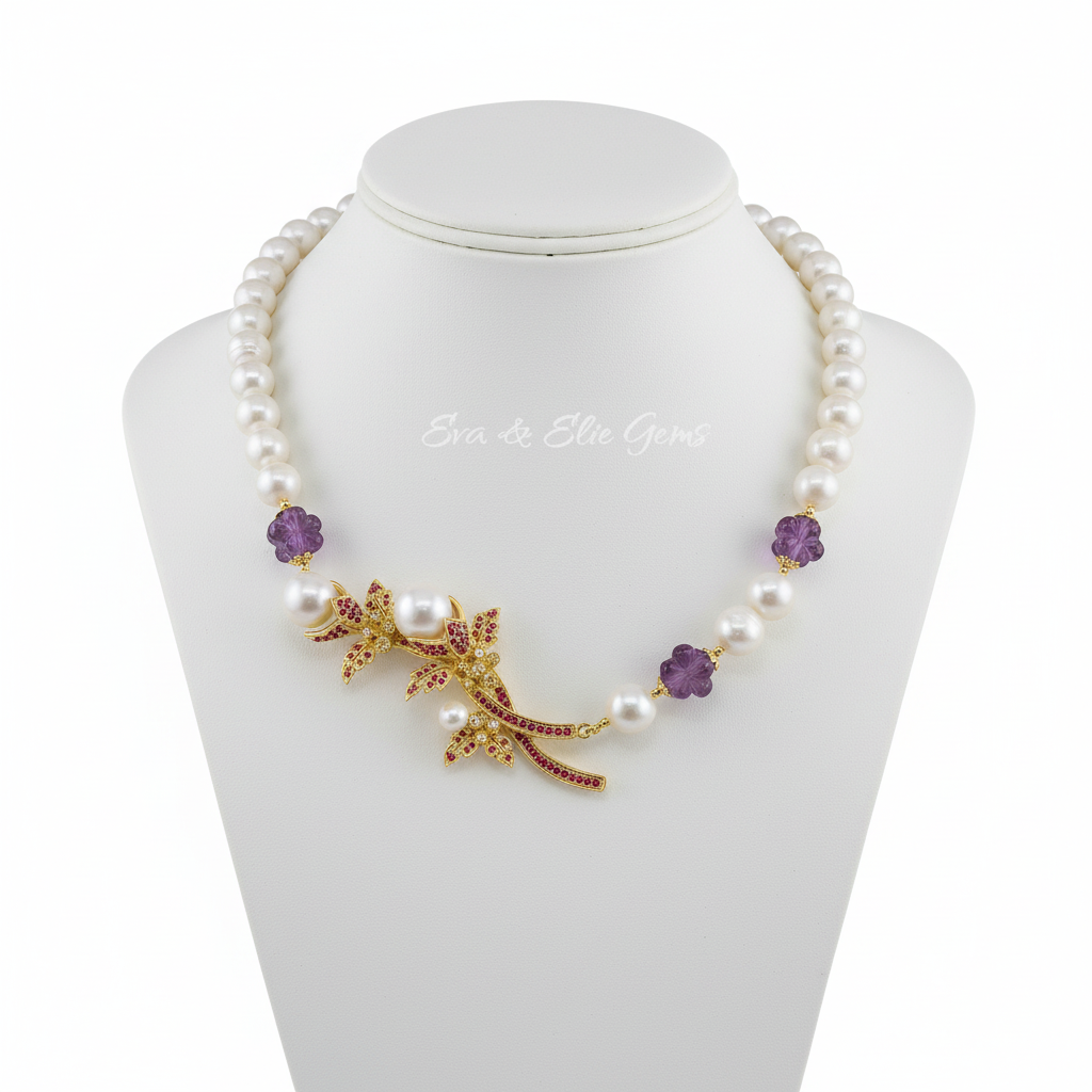 Natural South Sea Pearls, Natural Ruby, amethyst and carnelian stunning Necklace- Bridal Collection