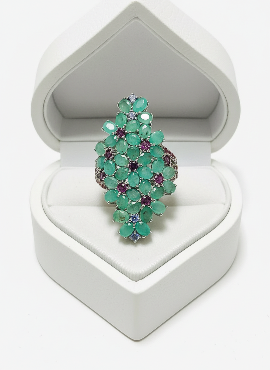 Handmade Floral Cluster Ring with Emeralds, Rhodolite & Tanzanite
