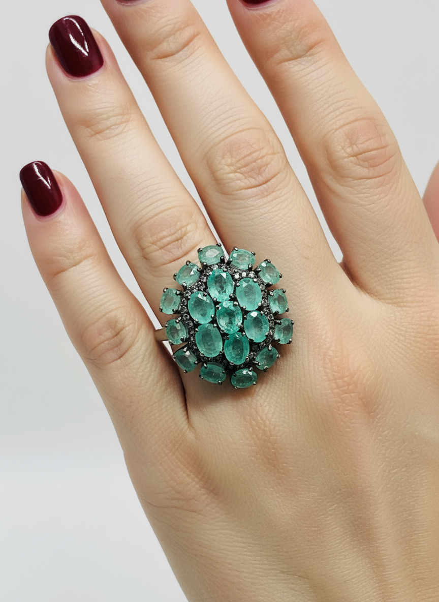 Handmade Emerald & Diamond Cluster Ring in Sterling Silver