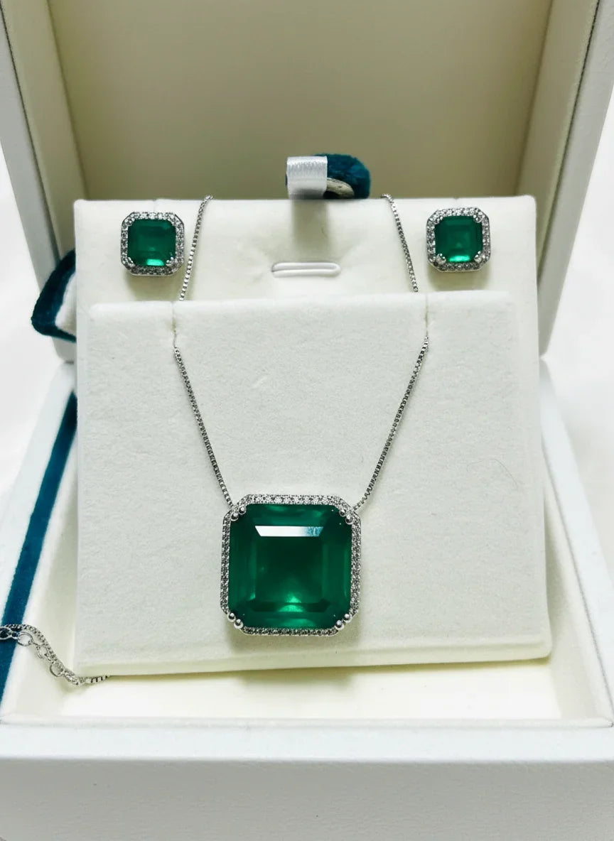 Bold Zambian Emerald Doublet Necklace & Earrings Set 24ct Statement Jewelry