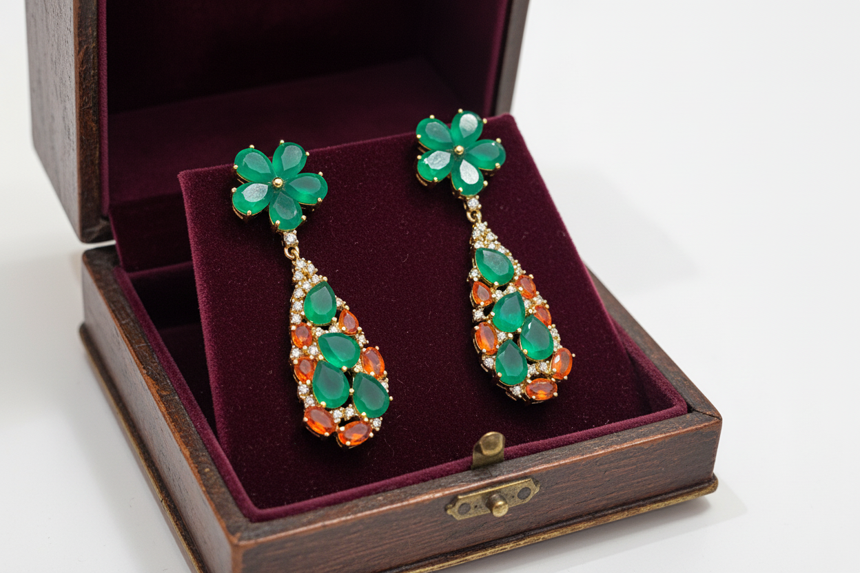 Emerald & Fire Opal Drop Earrings – Vintage Velvet Box