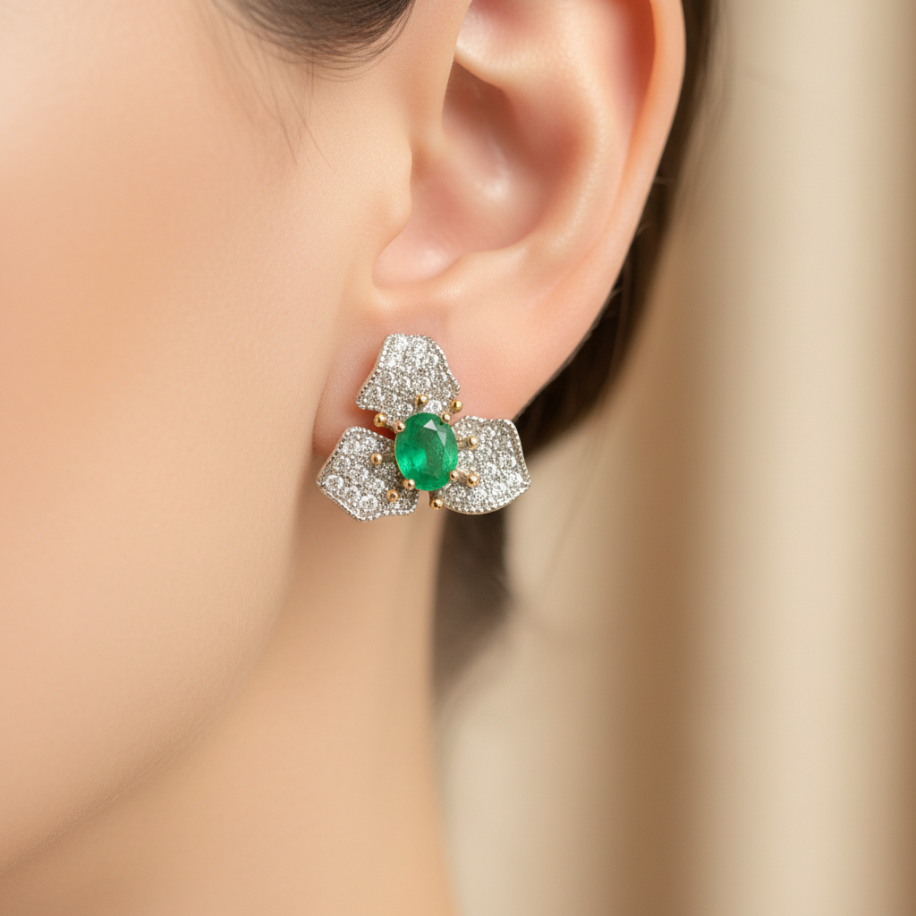 Emerald Floral Stud on Ear