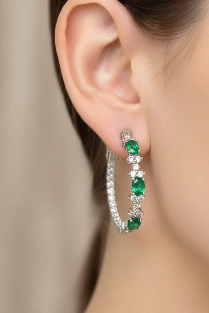 Emerald Hoop Earring on Ear