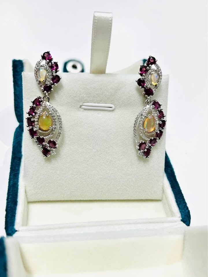 Handcrafted vintage-inspired earrings with fire opal and rhodolite garnet, sterling silver.