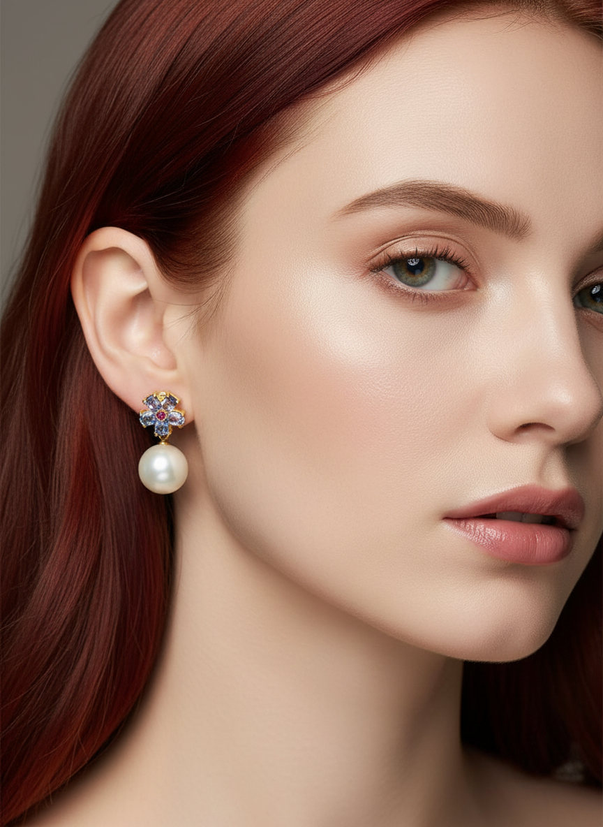 Natural Tanzanite, Ruby and South Sea Pearl Earrings- Bridal Collection