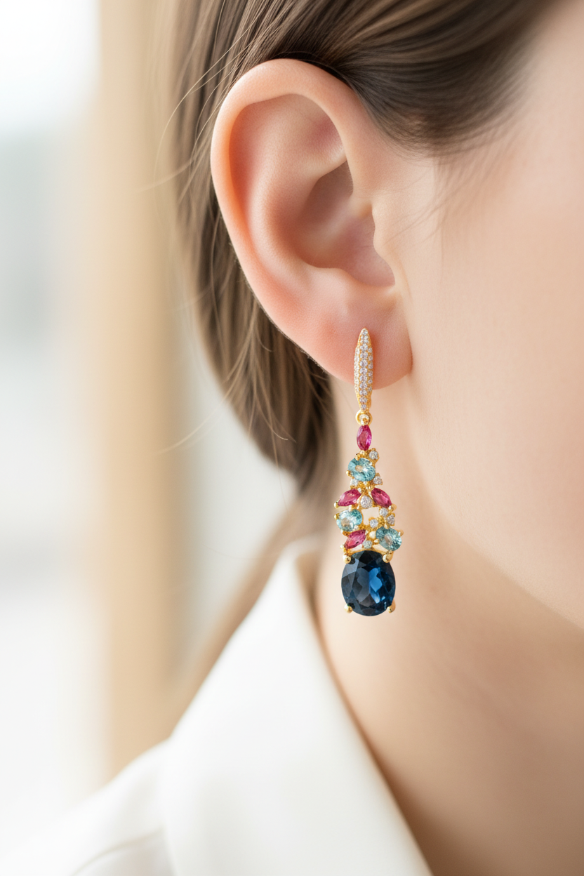 Gemstone earrings on ear