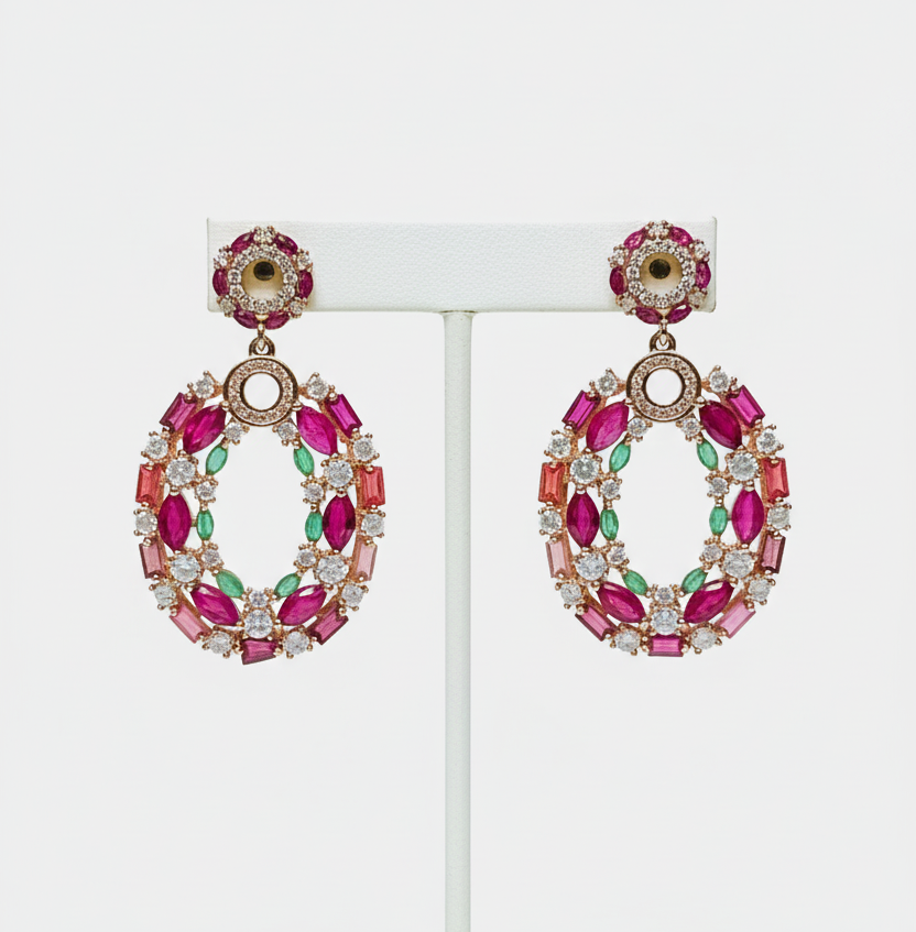 Gemstone earrings on leather stand