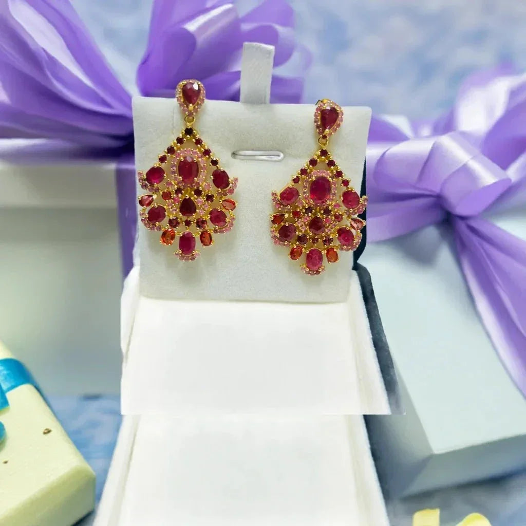 Genuine Burmese Ruby Stunning Chandelier Handmade Artisan Earrings - Eva & Elie Gems Inc.