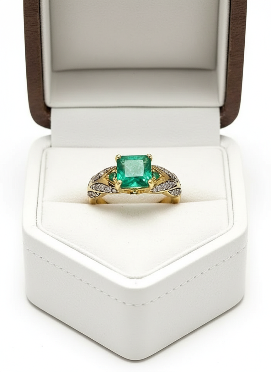 Natural Colombian Emerald and Diamonds Ring- Artisan Made
