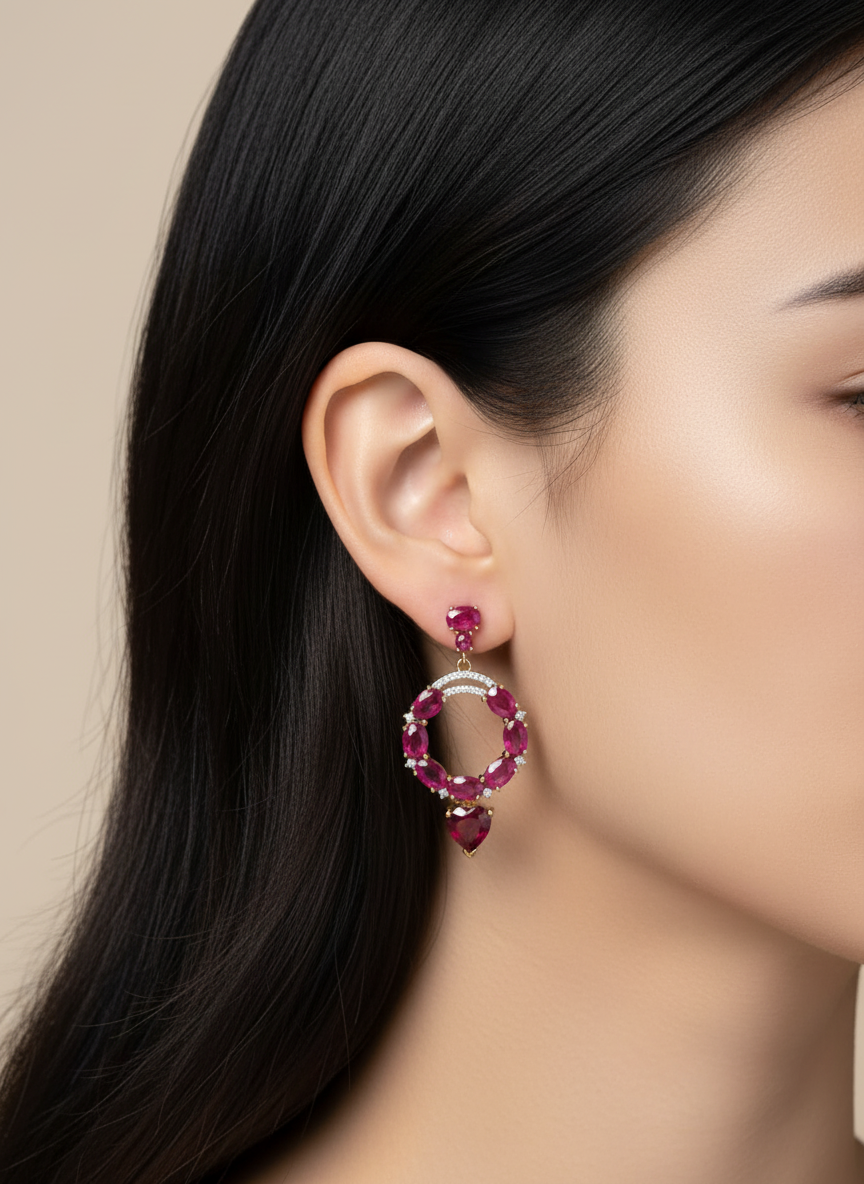 Statement Ruby Earrings | 14K Gold-Plated Sterling Silver, Italian Handmade