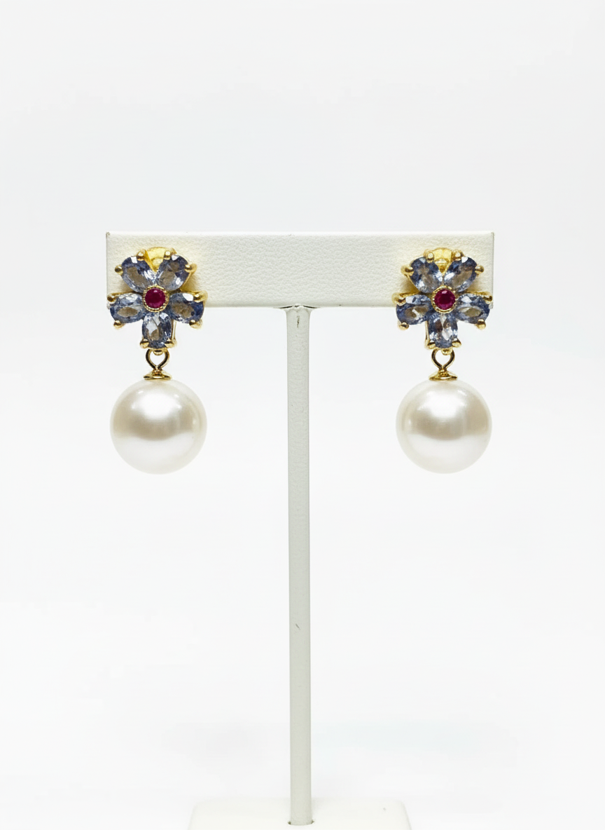 Natural Tanzanite, Ruby and South Sea Pearl Earrings- Bridal Collection